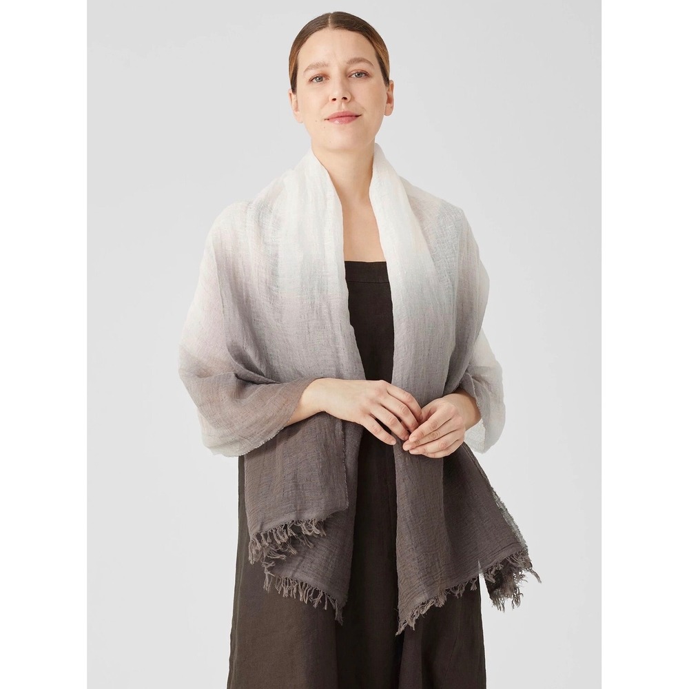 Eileen Fisher Linen Silk Ombre Scarf Shawl Brown White Gauze Fringed